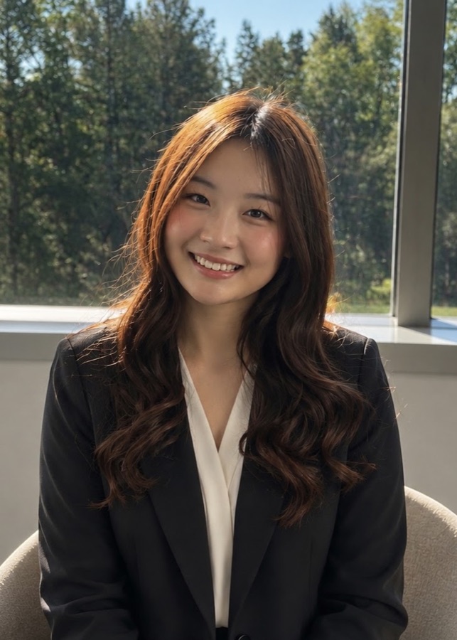 Hannah Kim, founder of UVision Initiative, seated by a window in a dark blazer.
